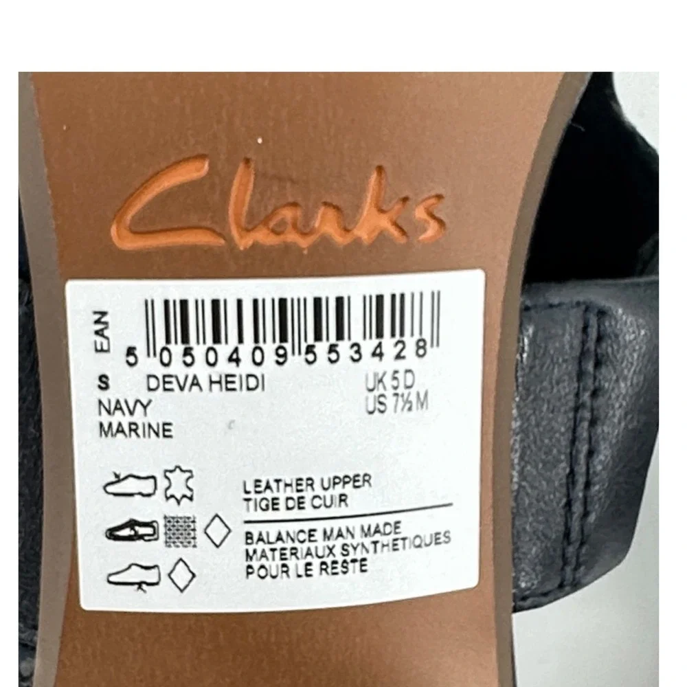 Clarks Deva Heidi Sandals Womens 7.5 Navy Blue Leather Block Heel Comfort - Picture 7 of 9